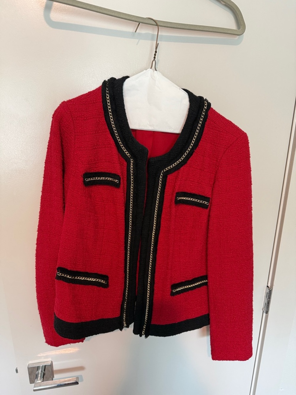 Chico's Red Bouclé Jacket with Black Trim and Chain Accents